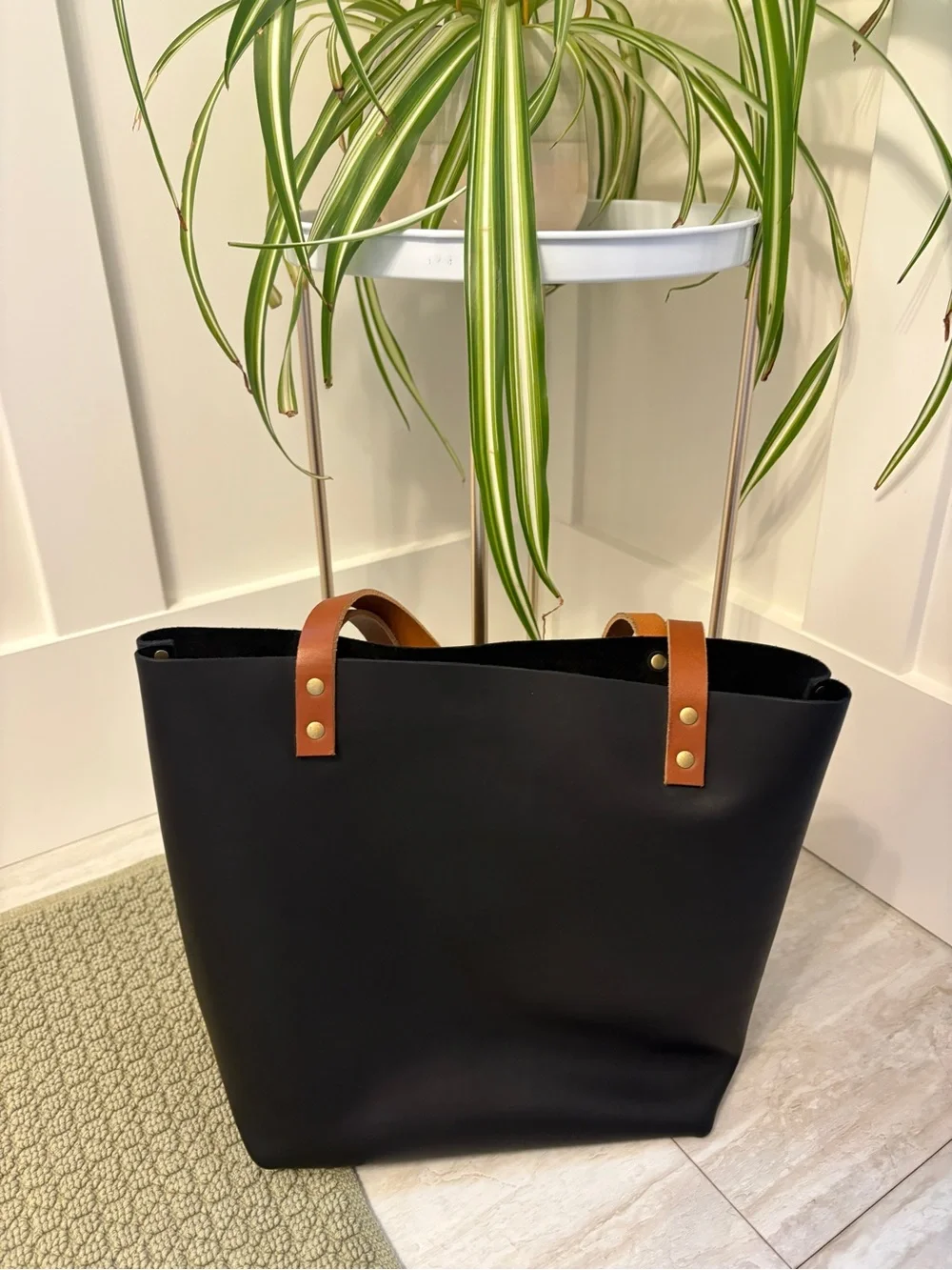 Portland Leather Black Tote with Brown Handles